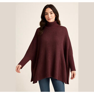 loft women cotton blend sweater poncho turtleneck burgundy Sz M